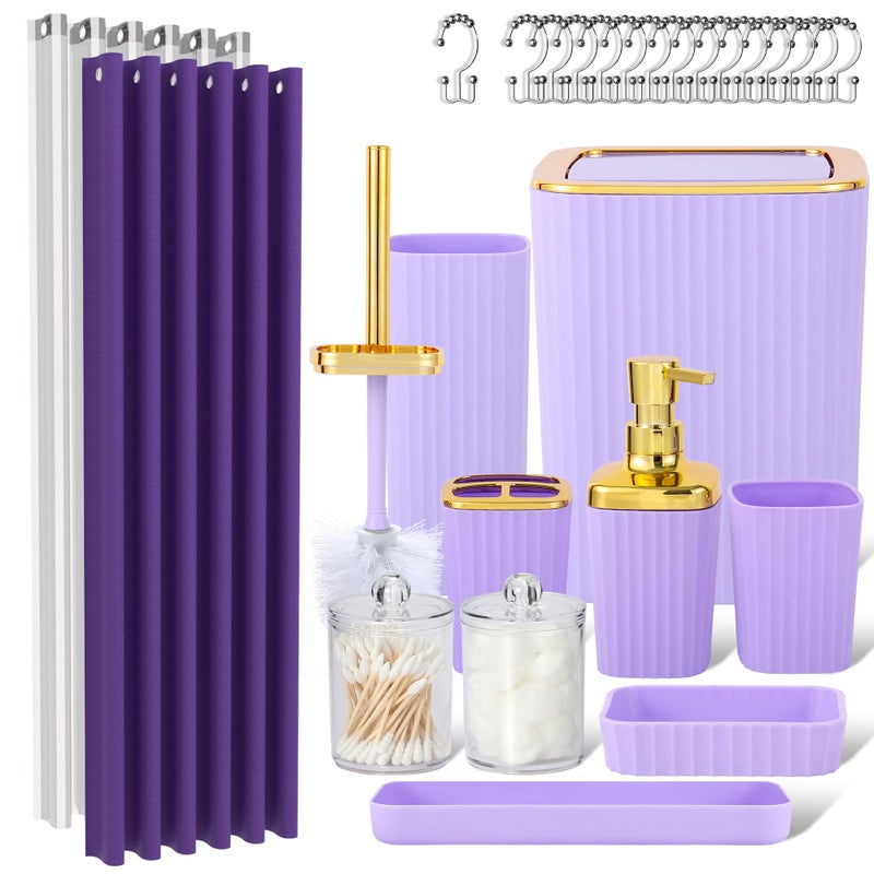 Viowil Purple Bathroom Set, 23 PCS Purple Bathroom Accessories Set with Shower Curtains, Trash Can, Toothbrush Holder, Soap Dispensers, Toothbrush Cup, Vanity Tray, Soap Dish, Toilet Brush, Qtip Holders - Image 1